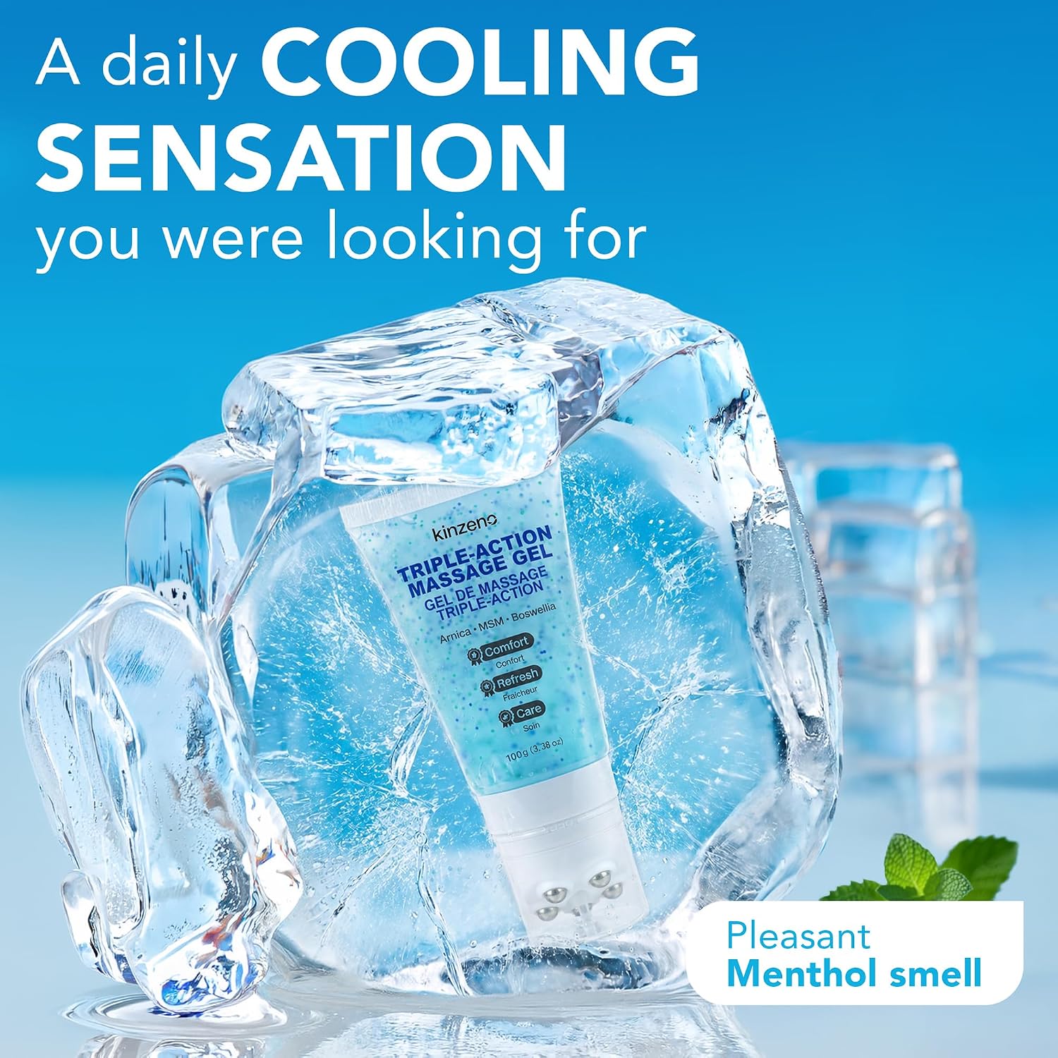 Kinzeno gel pictured in ice with promotional cooling sensation and menthol scent text