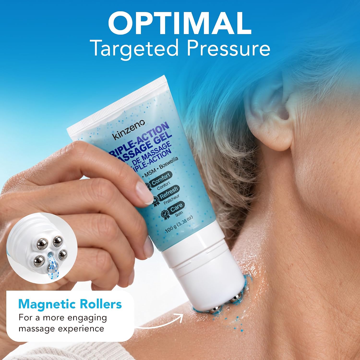 Demonstration of a Kinzeno roller applicator used on the neck with magnetic rollers promotional text
